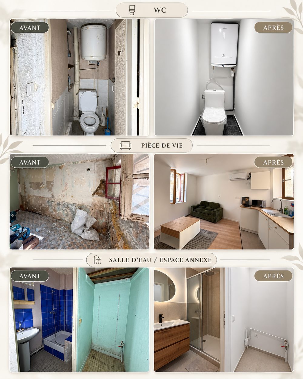 Avant et après de la rénovation du rez-de-chaussée à Cormeilles-en-Parisis : pièce de vie, salle d'eau, WC